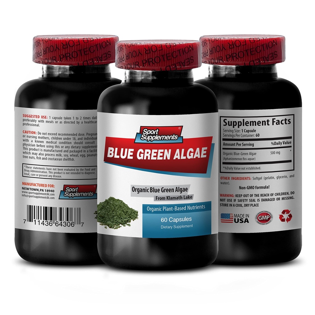 Pure Herbal Supplement - Klamath Blue Green Algae 500mg - Zwiększyć poziom energii, poprawić trawienie i wzmocnić system immunologiczny, spirulina, chlorella, Klamath Blue Green Algae Proszek - 1B 60 Kapsułki