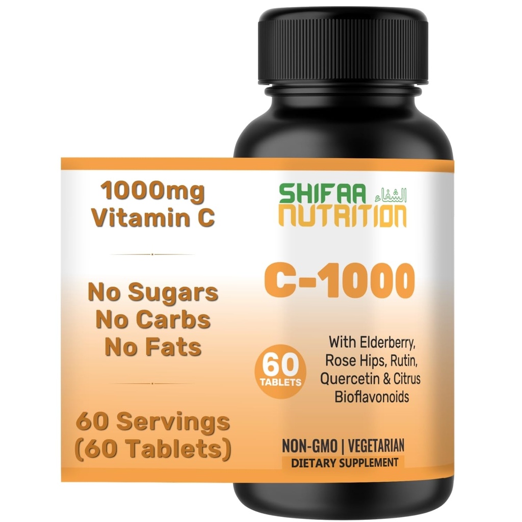 SHIFAA NUTRITION Halal witamina C- 1000mg tabletki, 60 Dni dostaw. Suplement immunologiczny z witaminą C, Elderberry, Quercetin, Rose HIPS & Rutin. Wegetarianin, Nie-GMO, Cukier wolny i Keto Friendly