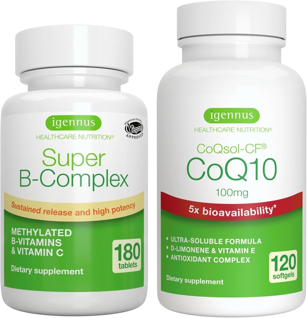 Super B- Complex 180 Tablets + High Absorption CoQ10 100mg 120 Softgels Energy Bundle, Metylowany Trwały Release B Complex + CoQ10 z Witaminą E & D- Limonen, przez Igennus
