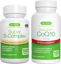 Super B- Complex 180 Tablets + High Absorption CoQ10 100mg 120 Softgels Energy Bundle, Metylowany Trwały Release B Complex + CoQ10 z Witaminą E & D- Limonen, przez Igennus