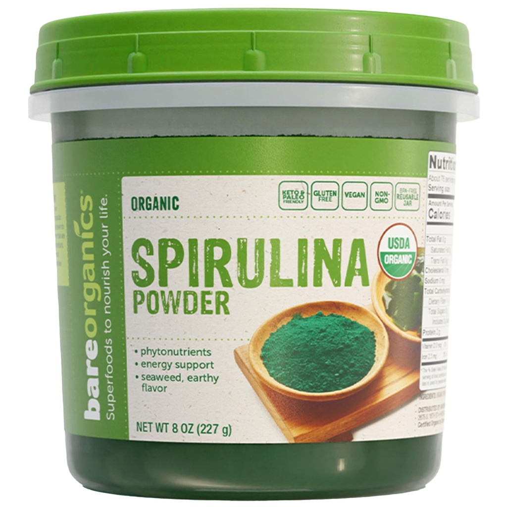 BareOrganics Spirulina proszek - Organic Superfood Proszek - Wegan, Non-GMO, Gluten- Free - Wysokie białko, Antyoksydant- Bogate na koktajle, soki, shakes & Daily Wellness, 8 Oz