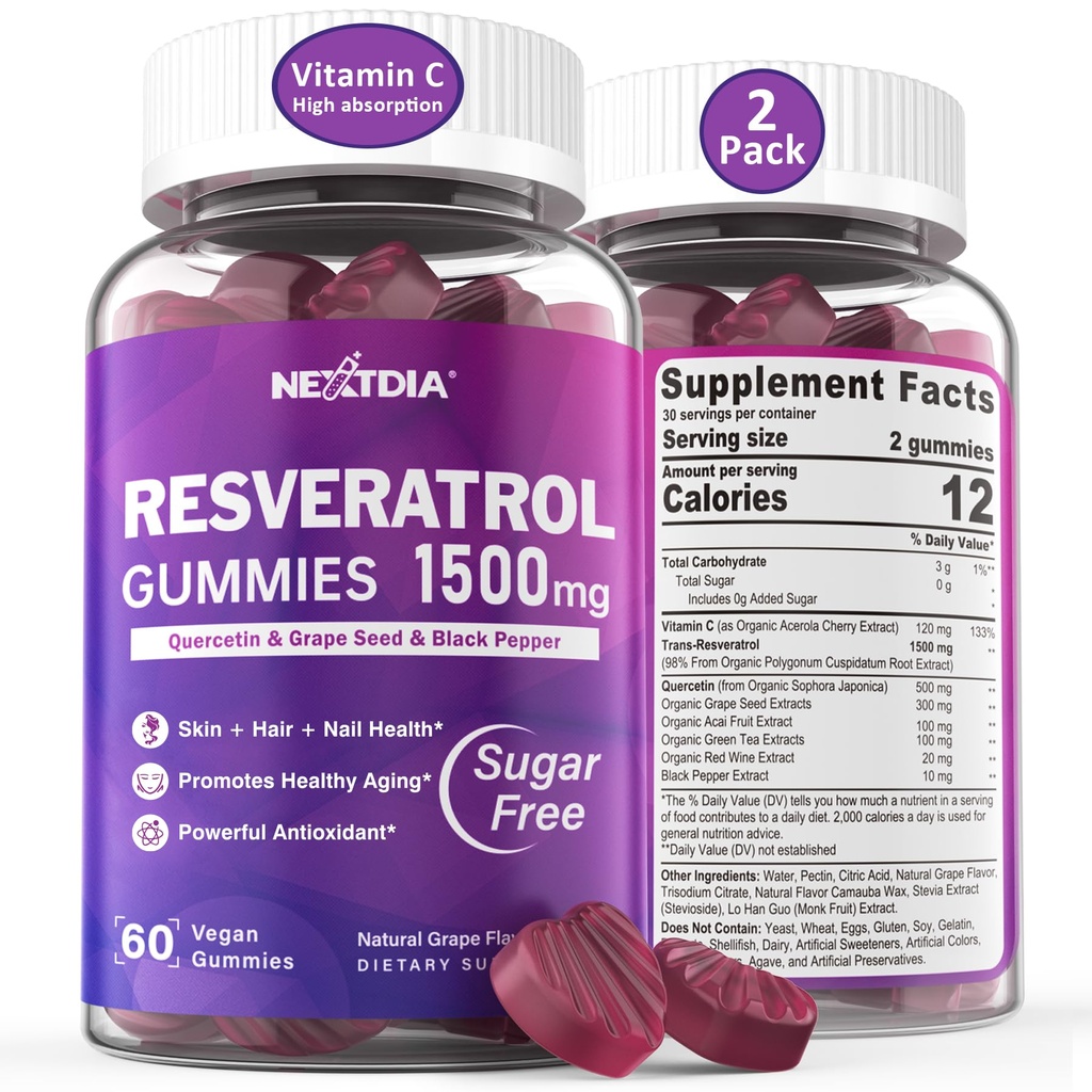 Resveratrol Supplement 1500mg - Resveratrol Gummies Wspiera NAD, NMN & NMNH Synergy, z Quercetin, ziarno winogron, Acai Jagody Ekstrakty na przeciwutleniacze, Zdrowe Starzenie i długowieczność, Skóra, Mózg - 2Pcs