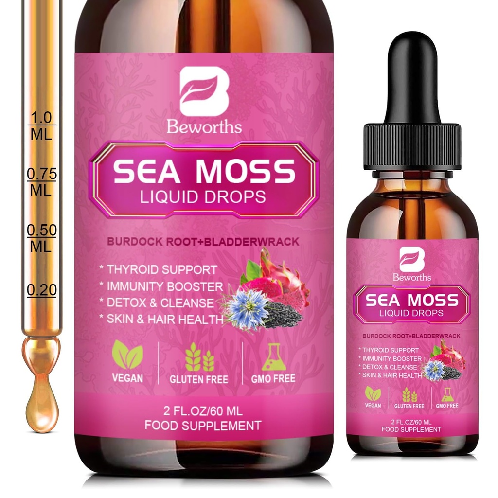 Sea Moss płynne krople - Organic Black Seed Oil Irish Sea Moss Gel z Burdock Root, Bladderwrack, Elderberry, Witamina C, D3, 6X Stronger Seamoss Gel for Digestive, Hair Health - Wegan