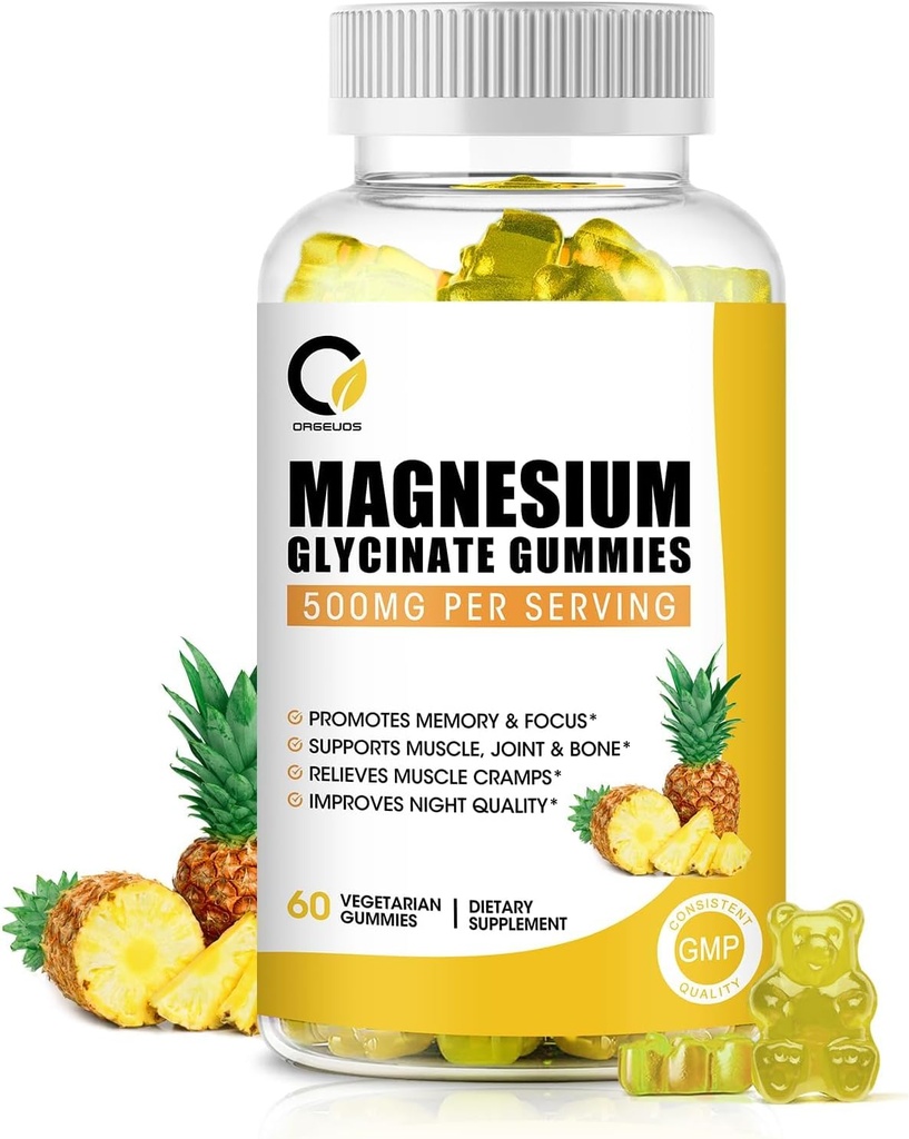 (1 opakowanie) Magnezu Gummies glicynian, Wysokoabsorpcyjny suplement magnezu z wapniem i witamin, Wsparcie kości, mięśni, nocy, pamięci i nastroju, Wegan, Non-GMO, 60 Counts, aromat ananasowy