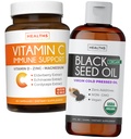Paczka oleju z nasion czarnego i witaminy C - Immune Fusion Booster Pack - Organic Black Seed Oil Liquid (8fl oz) Premium Cold- Pressed Nigella Sativa & Witamina C Immune Support (Non-GMO) (60 kapsułki)