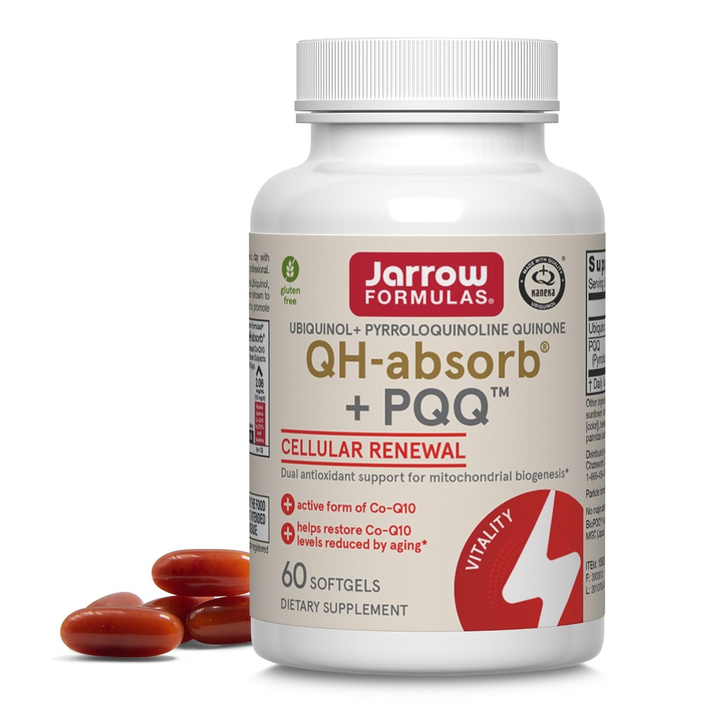 Figury Jarrow QH- Absorb + PQQ - 60 Softgels - Wsparcie Biogenezy Mitochondrialnej, Produkcja energii i zdrowie układu sercowo-naczyniowego - Do 60 Służenie