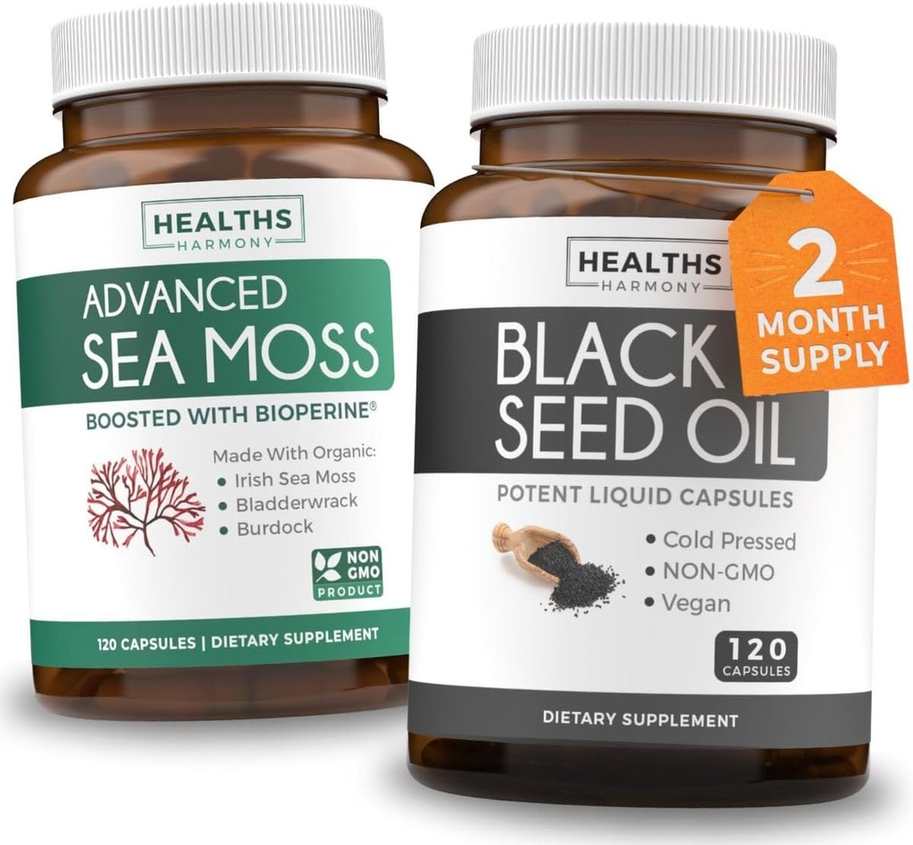 Oil Black Seed & Irish Sea Moss (2- Month Supply) - Wellness Duo Bundle of Black Seed Oil (120 Capsules) Cold- Pressed Nigella Sativa & Irish Sea Moss (120 Capsules) with Bioperine and Bladderwrack