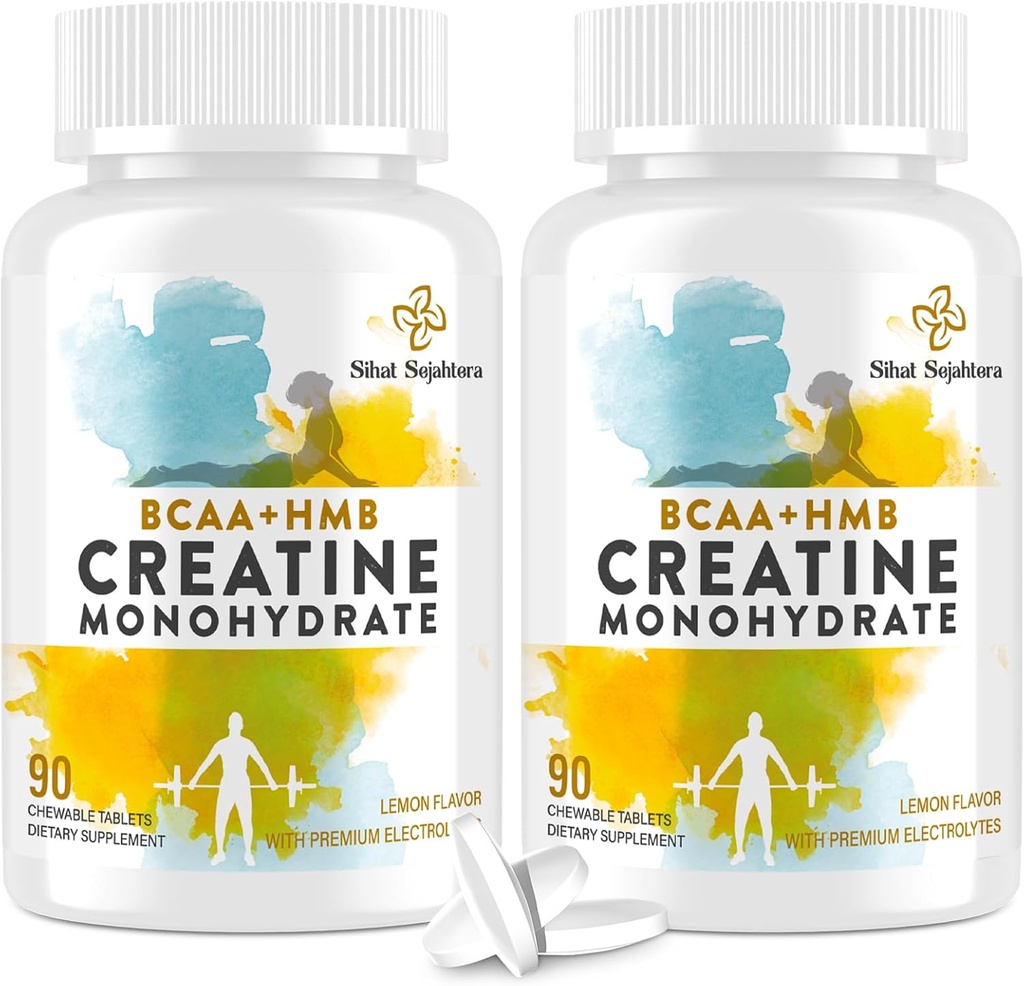 8- in-1 Monowodny kreatryny z BCAA & HMB, 5000 mg dla mężczyzn i kobiet, Przeżuwania dla mięśni, Odzysk, Wytrzymałość i Siła, Wysoka Absorpcja, Lemon Flavor, Bez cukru, 180 Tabletki