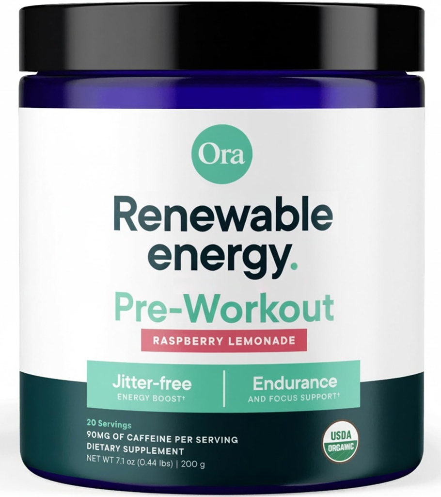 Ora Organic Natural Pre Workout Powder - Raspberry Lemonade Flavor- Zapewnia Jitter Free Energy, Focus, Hydration, & Endurance - Wegan, Certified Organic, Soy, Dairy, & Gluten Free, 20 Sługi