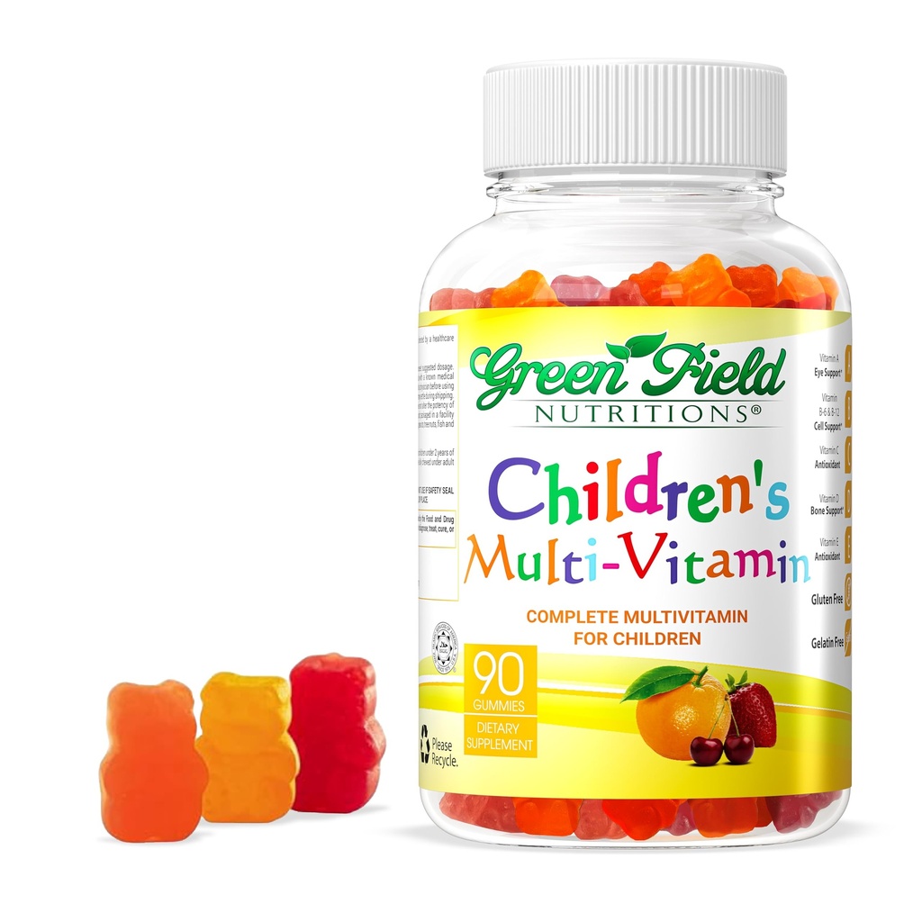 Greenfield Nutritions Kids Gelatin Free Gummies Halal Multivitamin - Wszystkie podstawowe witaminy Halal A, B, C, D, Jod, Cynk dla odporności, Non-GMO, Gummies witaminy Halal dla dzieci (90 Hr)
