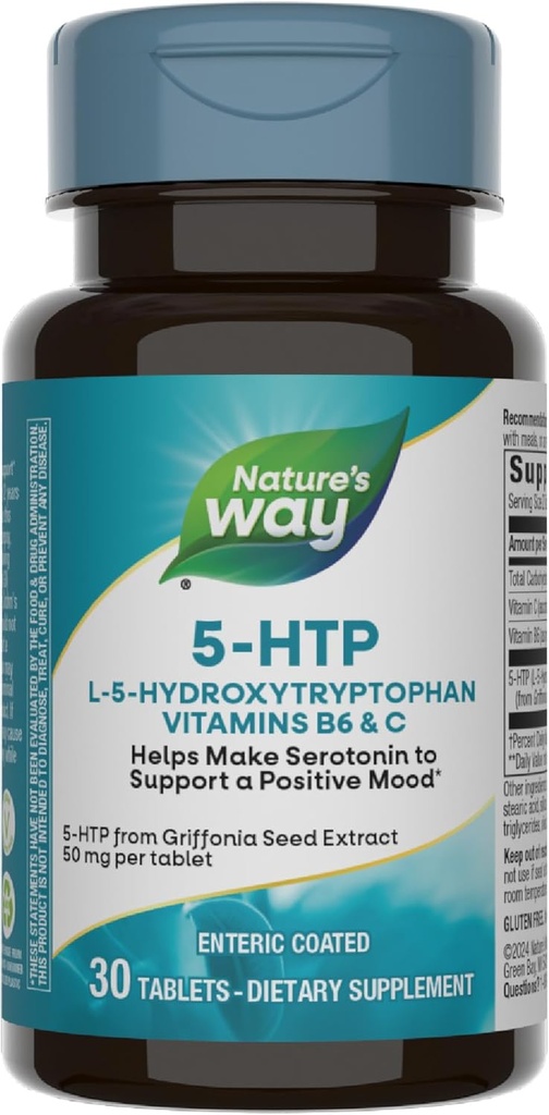 Nature 's Way 5- HTP, L- 5- Hydroxytryptofan, Pomaga Serotonin do promowania pozytywnego Outlook *, Witamina B6, Witamina C, Wyciąg Griffonia Fasola, 30 Tabletki (Opakowania może Vary)