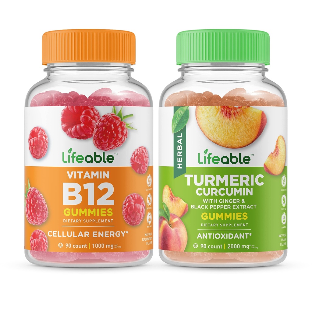 Żywa witamina B12 + kurkumina turmerowa, żelki Bundle - Great Desting, Suplement witaminy, Gluten wolny, GMO wolny, Chewable