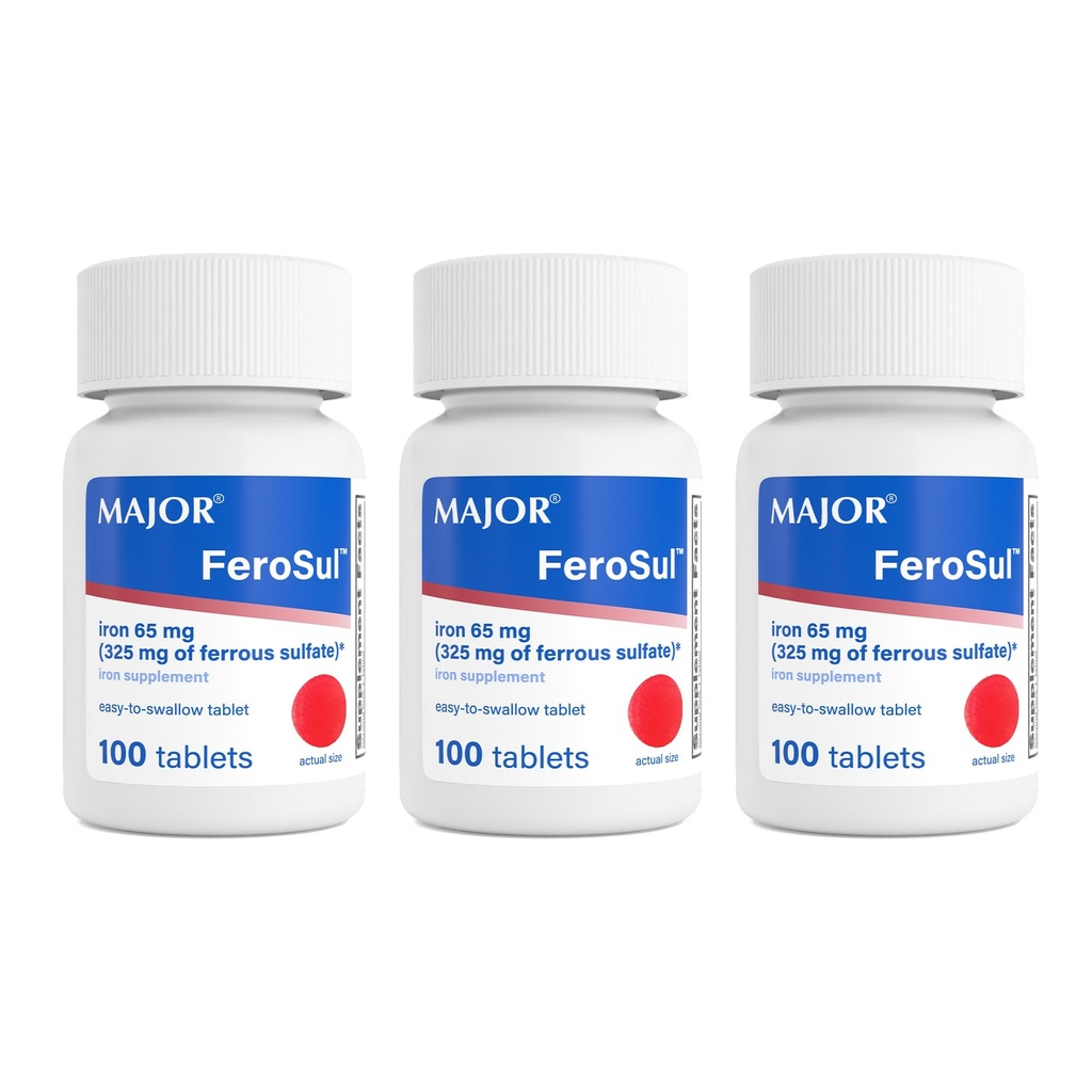 MAJOR Ferosul - żelaza siarczan 325mg tabletki z 65mg żelaza pierwiastkowego - suplement żelaza dla kobiet, mężczyzn - czerwony - 100 tabletek (3 opakowania)