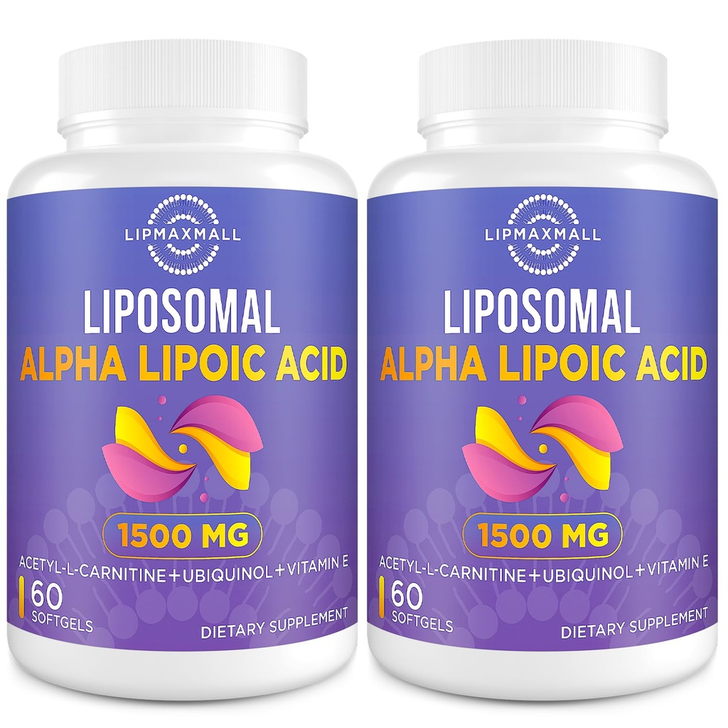 Liposomal Alpha Lipoic Acid 1500mg - z Acetyl- L- Karnityna 900mg & Ubichinol 100mg & Witamina E 15mg ETALA Suplement dla przeciwutleniaczy Glukoza Metabolizm Nerve Energy, 60 Softgels (2 butelki)