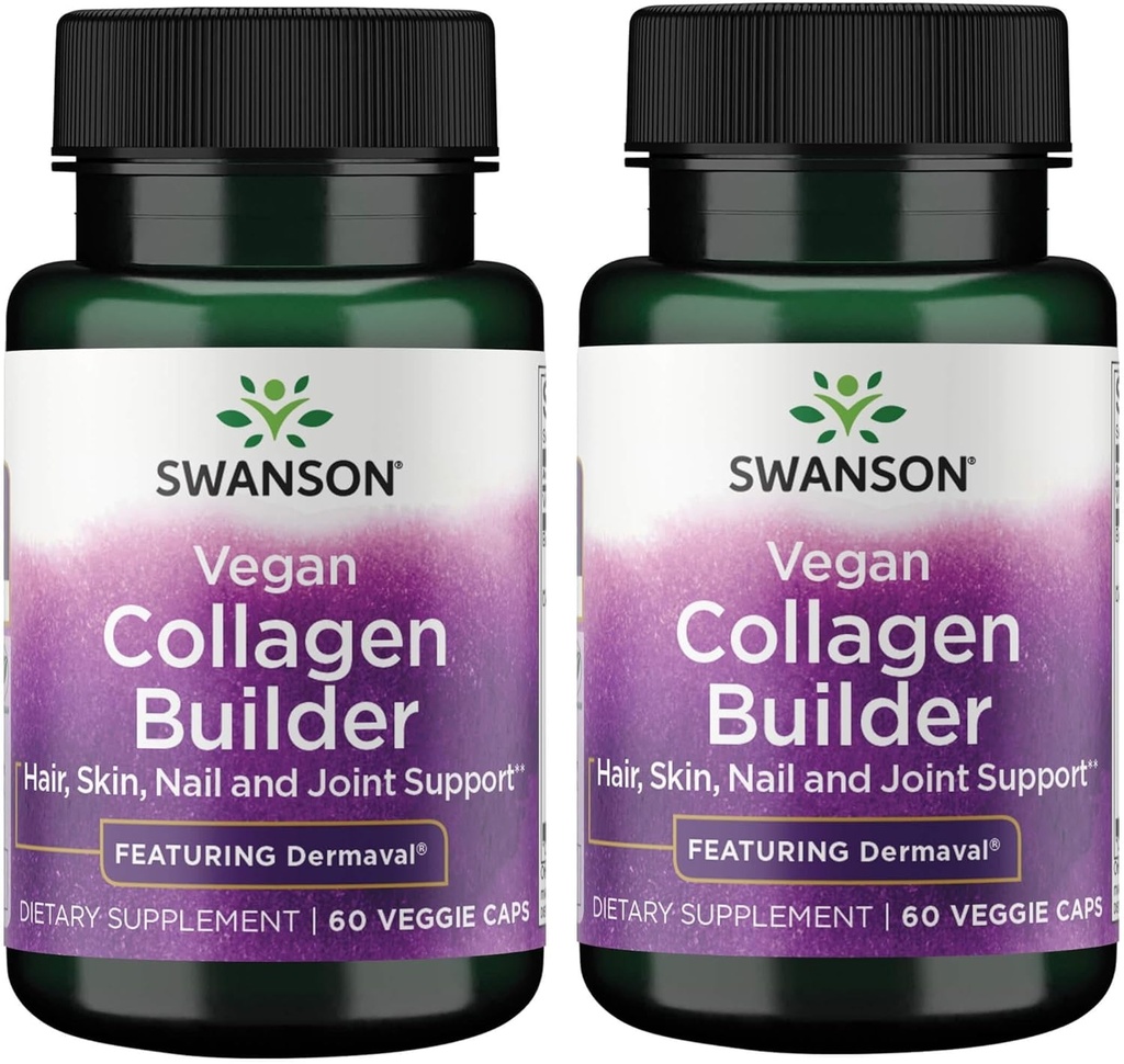 Swanson Vegan Collagen Builder - Posiada Dermaval - Włosy, Skóra, Nail Health - 60 Veg Caps (2 opakowania)