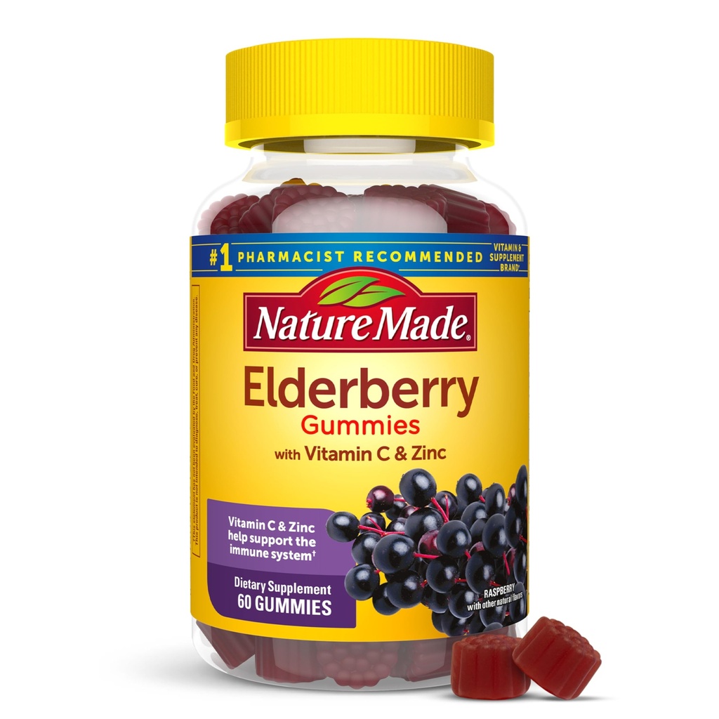Nature Made Elderberry z witaminą C i cynku, Suplement diety dla wsparcia immunologicznego, 60 Gumiaki Elderberry, 30 Day Supply