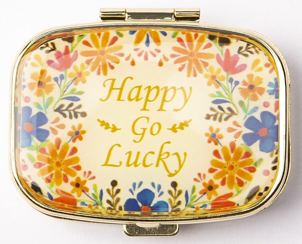 AmyZone Metal Pill Organizer Travel Friendly Portable Compact Pill Box Cute Pill Case do trzymania witamin / Tylenol / Olej rybny / Suplementy / Leki / Tabletka do torebki / Pocket (Happy Go Lucky)