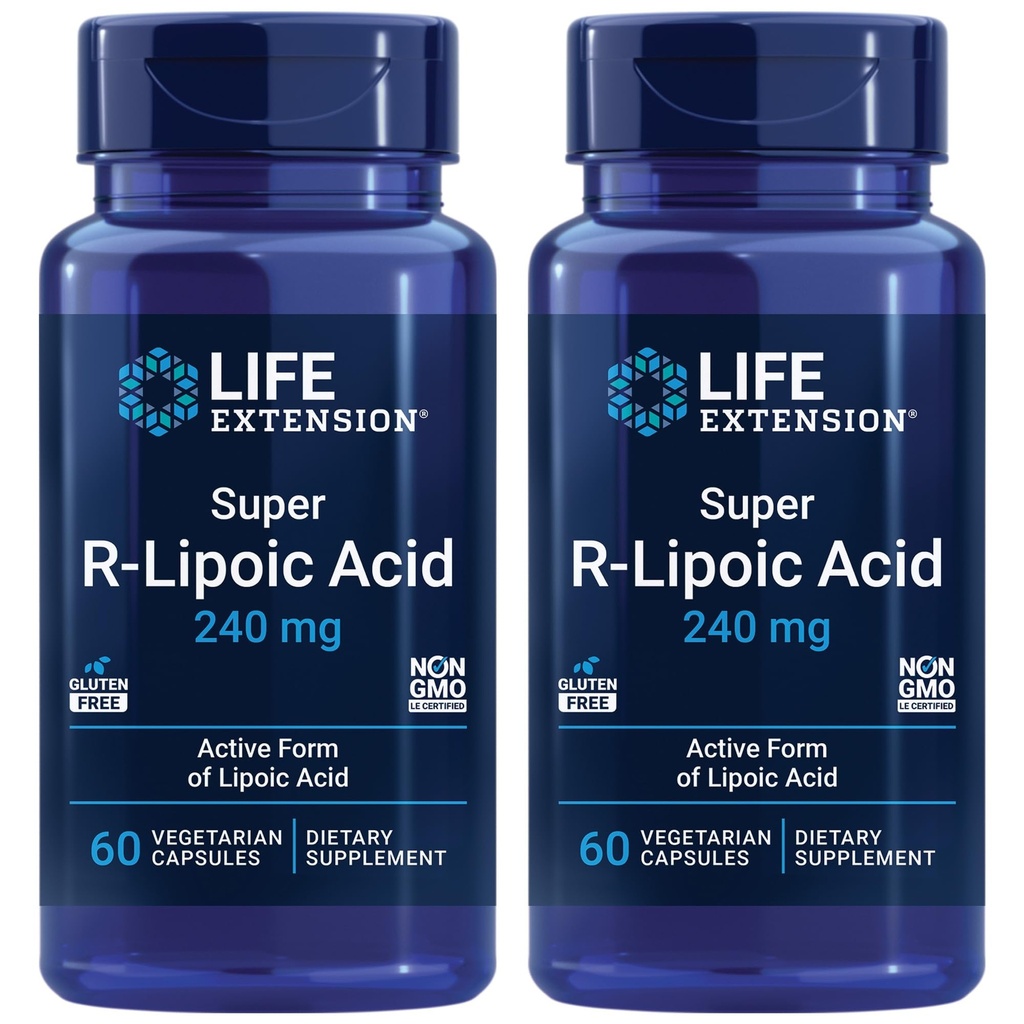 Wydłużenie życia Super R- Kwas lipowy - Zdrowe Starzenie, Oksydacyjna Obrona Stresowa - z 240 mg Aktywnej R- Formy kwasu r- Lipoinowego - Bez glutenu - Nie-GMO - Wegetarianin - 60 Kapsułki (2 opakowania)