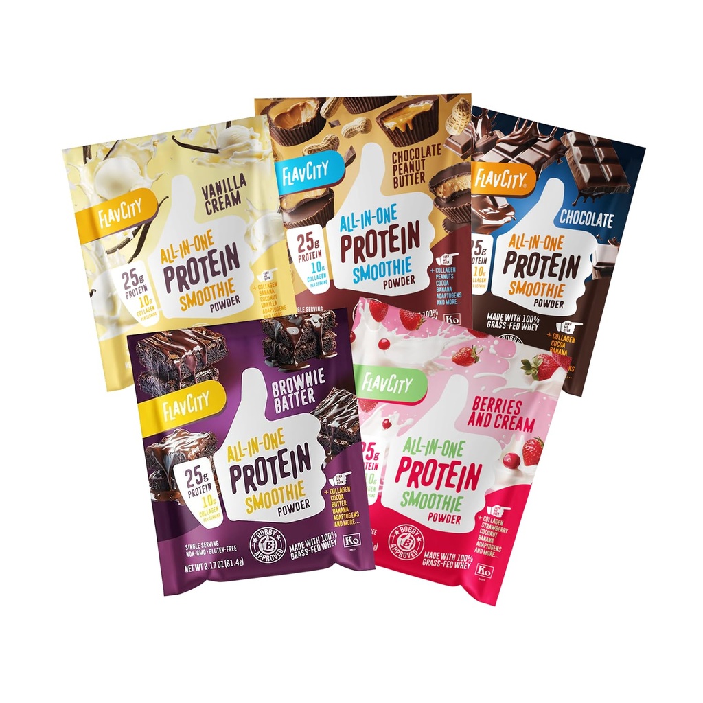 FlavCity All in One Protein Shake Powder Packets - On the Go Meal Alternative + 25g Protein & 10g Collagen, Made with Organic Reishi & Cordyceps Mushrooms - No Added Cugars, Variety 10 Pack