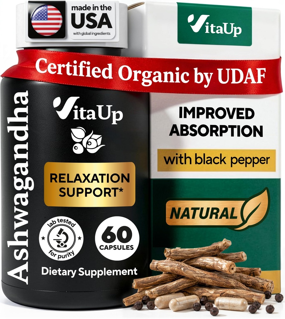 Ashwagandha kapsułki 1310mg z Black Pepper - USA Made Ashwagandha Suplementy do wsparcia relaksacyjnego, Normalne funkcje kognitywne i zrównoważone poziomy energii - 60 Czapki