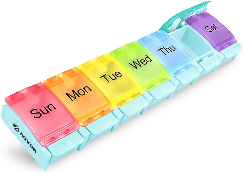 AUVON Cotygodniowy Pill Organizer Artretyzm Przyjazny, BPA Bezpłatne Podróże 7 dzień Pill Box Case z Spring Open Design i duży komplet do trzymania witamin, Cod Liver Oil, Suplementy i Leki