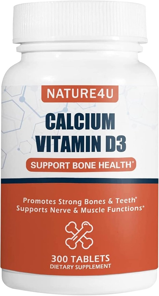 Wapń 1000 mg z witaminą D3, Suplement do Zdrowia Kości dla dorosłych, Support Muscel Nerve Health i Wchłanianie wapnia, 300 tabletek