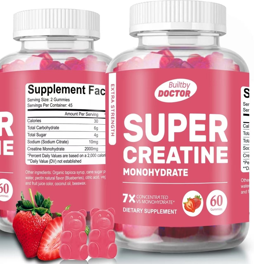 Super Gummie jednowodzian kreatury dla mężczyzn i kobiet, Sugar- Free, 30 Służenia, 5g Kreatyny na serwowanie, Wegan, Gluten- Free, Bodybuilding Recovery Suplement do zwiększenia rozmiaru i siły mięśni