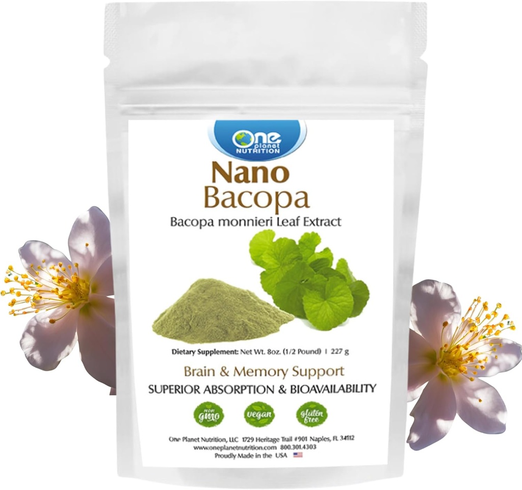 One Planet Nutrition Nano Bacopa Powder 8 oz (227 Servings), Bacopa monnieri Extract, Nano for Easy Absorption, Enhances Memory & Focus, Excipient- Free, Non-GMO, Vegan, Gluten- Free