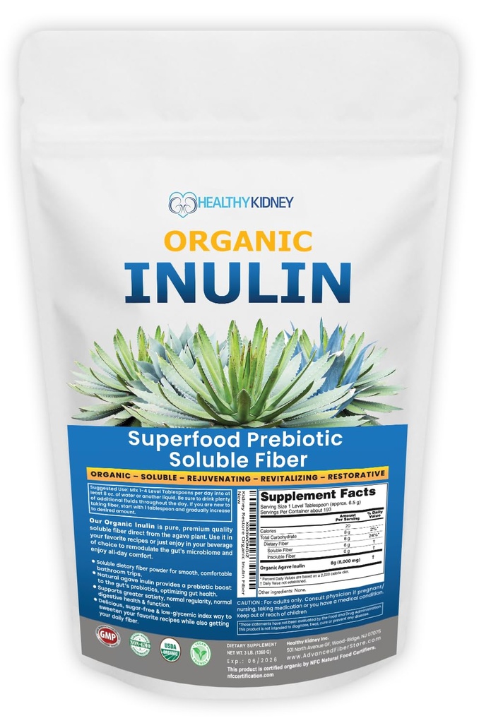 Proszek do inuliny organicznej (48oz / 3 lbs) Delikatny Agave Prebiotic Soluble Fiber Supplement for Digestive Support, Gut Health, Vegan Baking, Smoothies & Drinks
