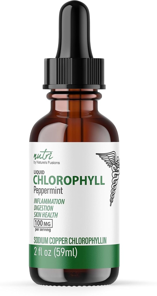 Fuzje Nature Nutri Liquid Chlorophyll Peppermint 100mg - Dezodorant Wewnętrzny i Detoksykator - Krople Płynne - 2 fl oz (59 Servings, 100 mg per Serving) - Clorofila Liquida