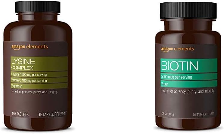 Składniki Lizyna Kompleks z witaminą C (1500 mg L- Lizyna z 100 mg Witamina C na Podawanie - 3 Tabletki), Wsparcie immunologiczne Zdrowie, Wegetariańskie, 195 Liczba (Opakowania mogą się różnić) i Elementy Vegan Biotin 5000 µg - Włosy, Skóra, Nails, 130 Kapsułki (4 miesiące dostawy) (Opakowania mogą się różnić)