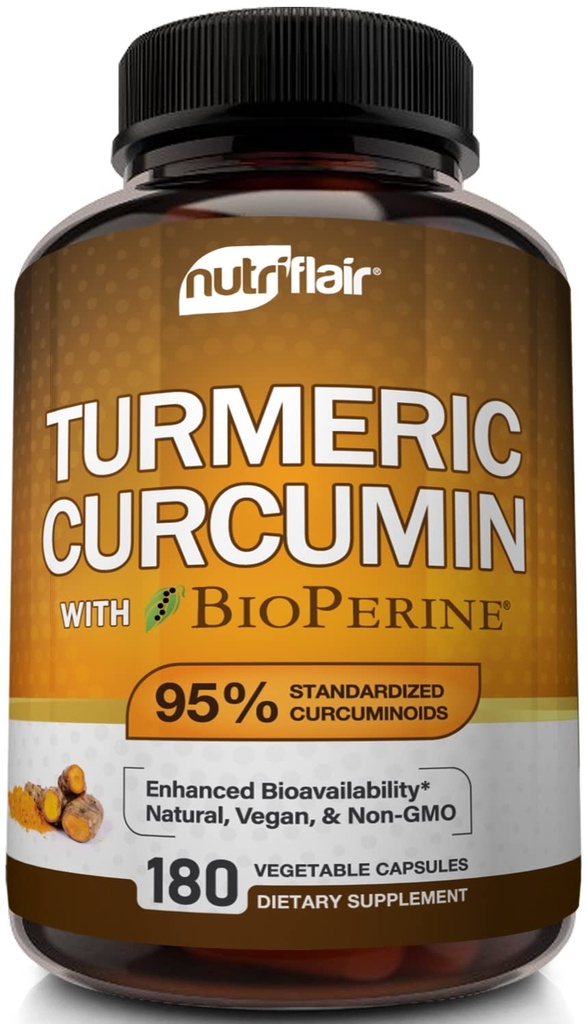 Nutrix Flair Kurkumina Turmerowa z BioPerine - 1300mg, 180 Kapsułki - 95% Znormalizowane Kurkuminoidy Kurkumina Suplement Turmerowy Ekstrakt z Black Pepper do optymalnego wchłaniania - 180 Kapsułki