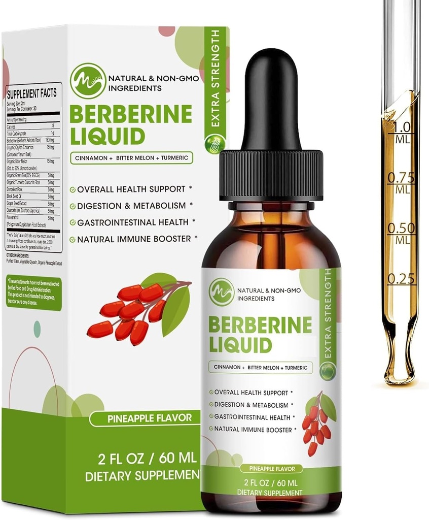 Berberyński suplement krople płynne, Berberyna z Ceylon Cynamon, Turmeric, Resveratrol, Gorzkie Melon, & More- Extra Supplement Vegan, Wspiera system immunologiczny i Digestive System