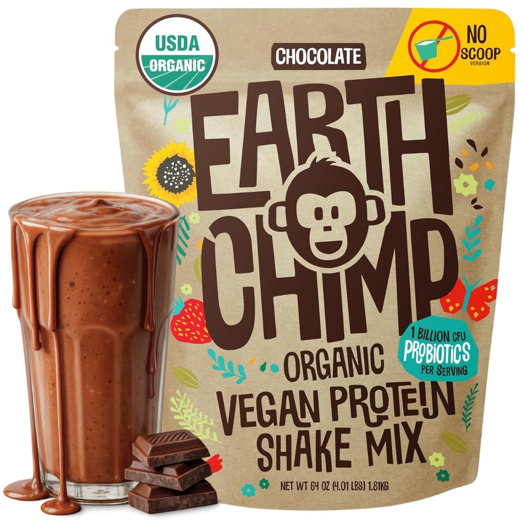 EarthChimp Organic Vegan Protein Powder - z probiotykami - Non GMO, Dairy Free, Non Whey, Plant Based Protein Powder for Women and Men, Gluten Free - 52 Servings 64 Oz (Czekolada) No Scoop