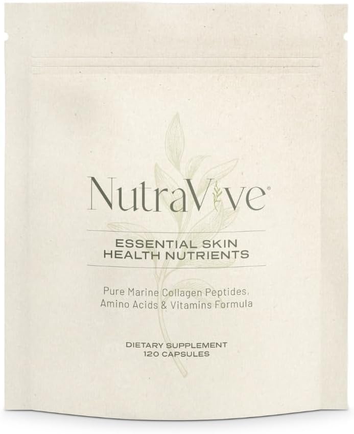 NutraVive Essential Skin Health Nutricents - Zhydrolizowane Morikol ® Marine Collagen Peptydes, Amino Acids & Vitamin - Promowanie Firm, Redukcja zmarszczki i Zwiększenie elastyczności skóry - 120 Kapsułki