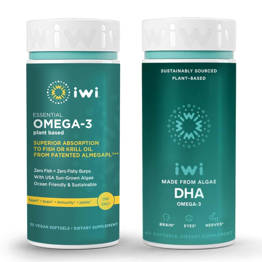 Iwi Omega-3 Essential & DHA Omega-3 Bundle, 30 Służenie, Vegan Plant- Algae Omega 3, Kryll & Fish Oil Alternative, No Fishy Aftersmast