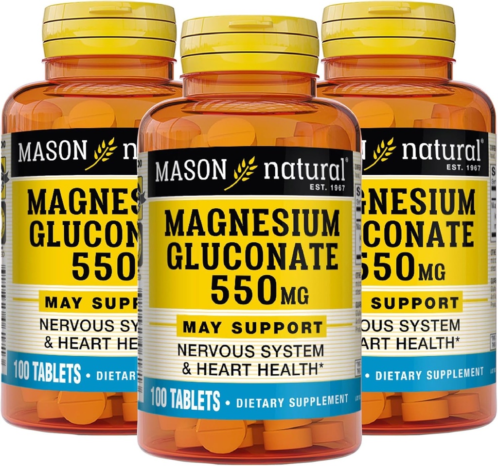 Mason Naturalny Glukonian magnezu 550 mg, 300 Day Supply for Normal Healthy Heart and Nerwowy System Support, 100 Tabletki (Opakowanie po 3)