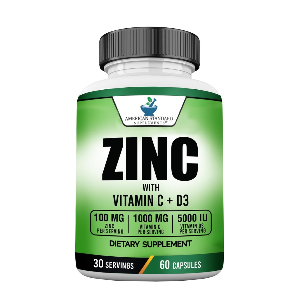 American Standard Supplements Cynk 100mg, Witamina C 1000mg i Witamina D3 5000 IU (125mcg) Per Serving - Gluten Free, Non-GMO, 60 Kapsułki, 30 Słupki