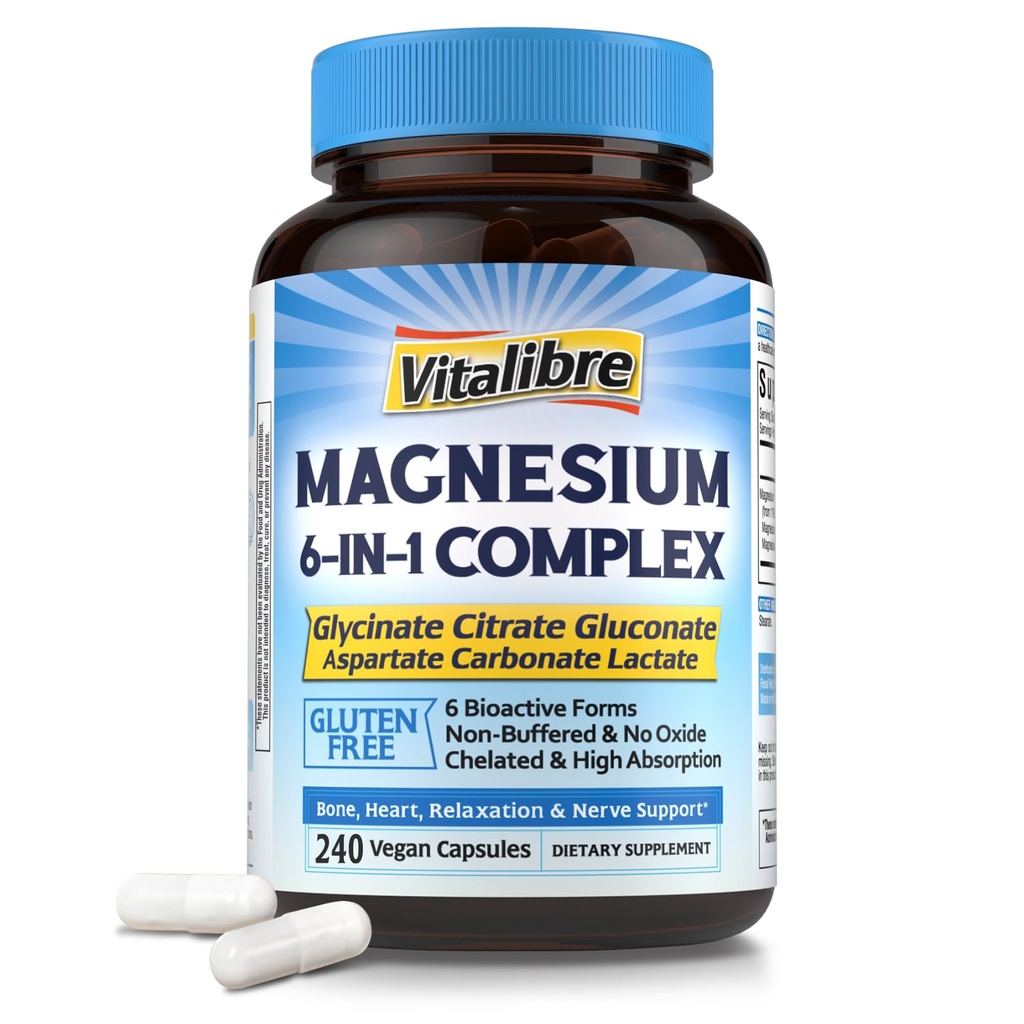 Magnezu Complex Supplement 6 in 1, 1160mg Chelated Magnezu dla Max Wchłanianie, Pomoc z lepszym snem, Relaxation & Nerve Calm, 240 Vegan kapsułki, Nie GMO & Gluten Free