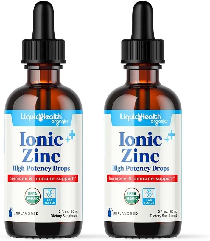 LIQUIDHEALTH USDA Organic Jonowe Cynk Wysokiej Potliwości Krople - Tracki mineralny suplement witaminy dla dorosłych, Dzieci - Immune & Digestive Support, Zdrowie skóry i rany - USA Made, Wegan, Non-GMO (2 Pack)
