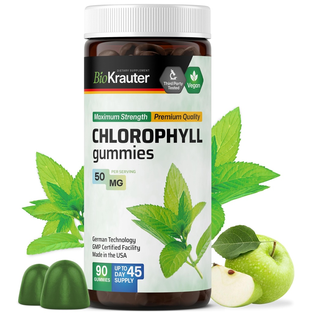 BIO KRAUTER Chlorophyll Gummies - 90 Chews - Chlorophyll Supplements - Natural Skin & Detox Support - Wegan, Pectin Based, Non-GMO Chews