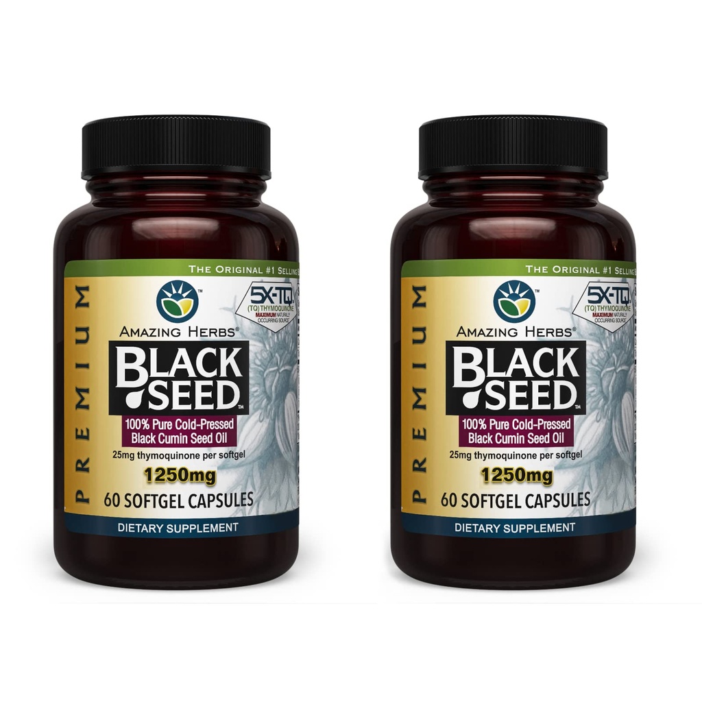Niesamowite Herbs Premium Black Seed Oil Kapsułki - Wysoka potencja, zimno naciskane Nigella Sativa Aid in Digestive Health, Immune Support & Function - 60 Count, 1250mg (Opakowanie 2)