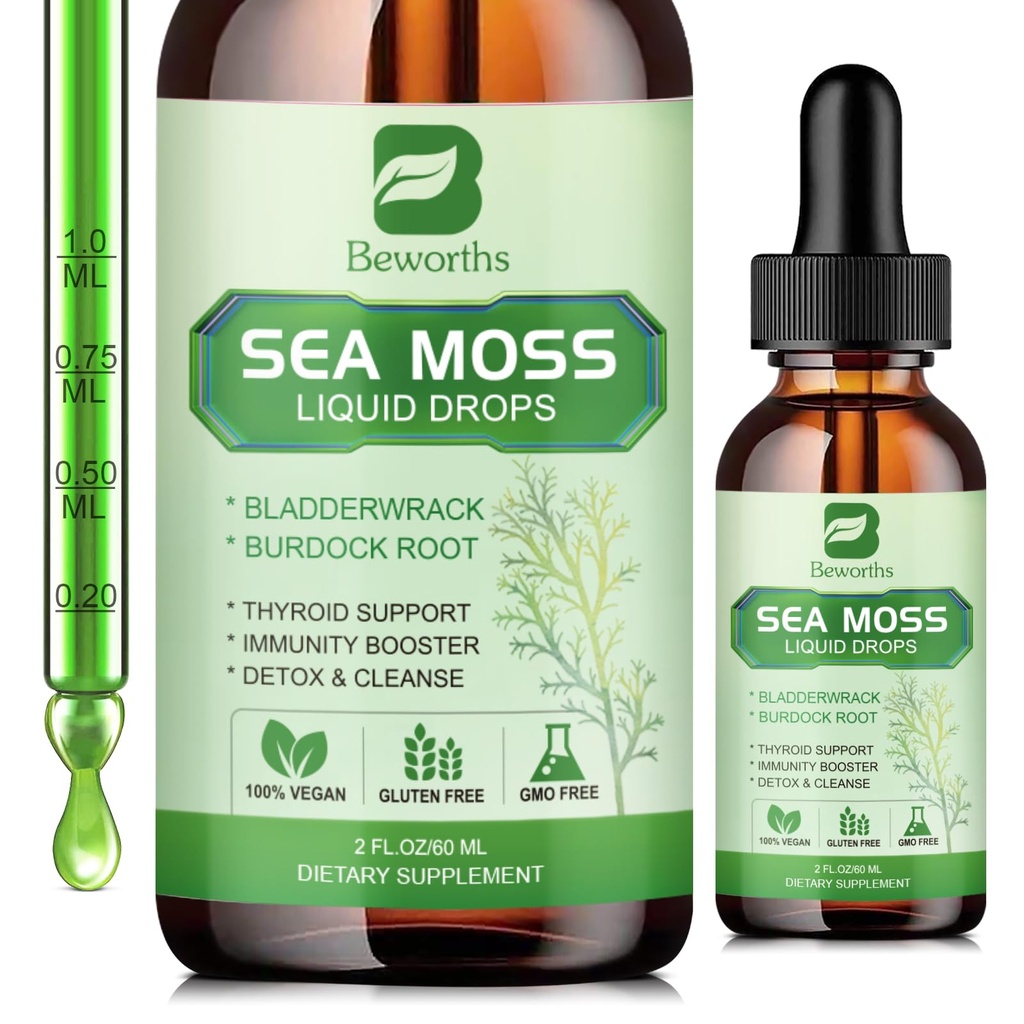 Sea Moss Liquid Drops - Organic Irish Sea Moss Gel with Spirulina, Bladderwrack, Burdock Root, Seamoss Gel Supplement for Joint, Detox Cleanse & Support - 2 Fl Oz, Wegan