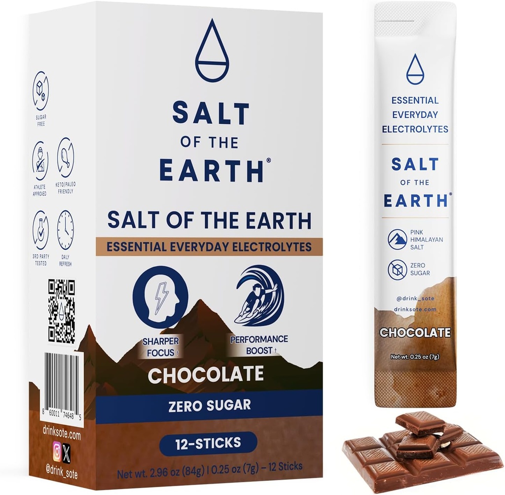 Sól Ziemi Premium Zero- Sugar Electrolyte - Wykonane z Pink Himalayan Sól - Nawodnienie w proszku pakiety 124; Składniki Premium 124; Keto & Paleo Przyjazny 124; 12 Sticks, Czekolada