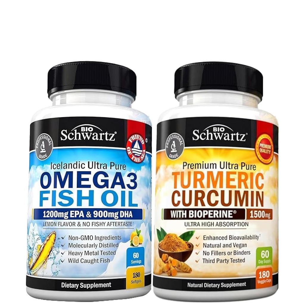 Triple Force Omega 3 Fish Oil Softgels (2 Month Supply) Plus kurkumina Turmeric z Black Pepper Extract 1500mg Complex (2 Month Supply)