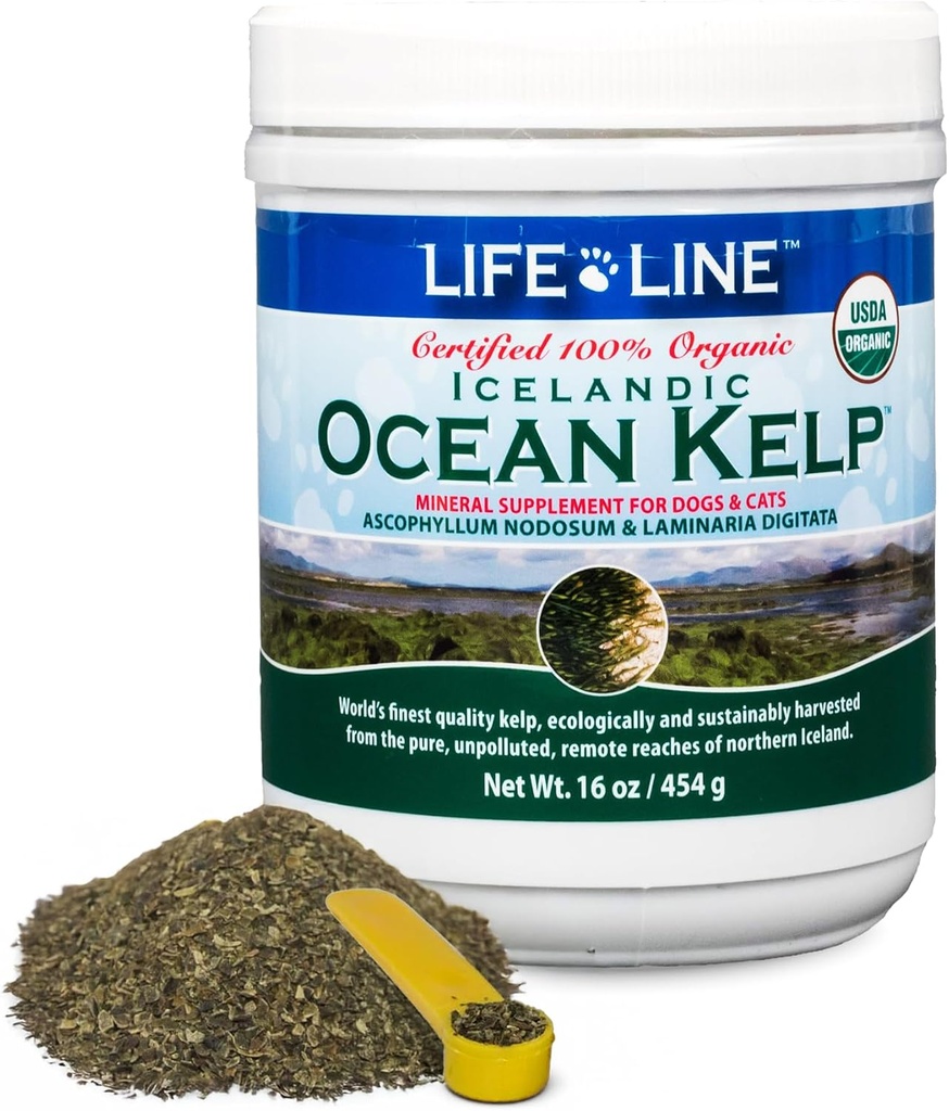 Life Line USDA Certified Organic Ocean Kelp dla zwierząt domowych i zwierząt gospodarskich 124; Wspiera zdrowie skóry i płaszcza, funkcje immunologiczne i higiena dentystyczna 124; Promuje metabolizm i redukuje plagę i wysypki - 16 oz