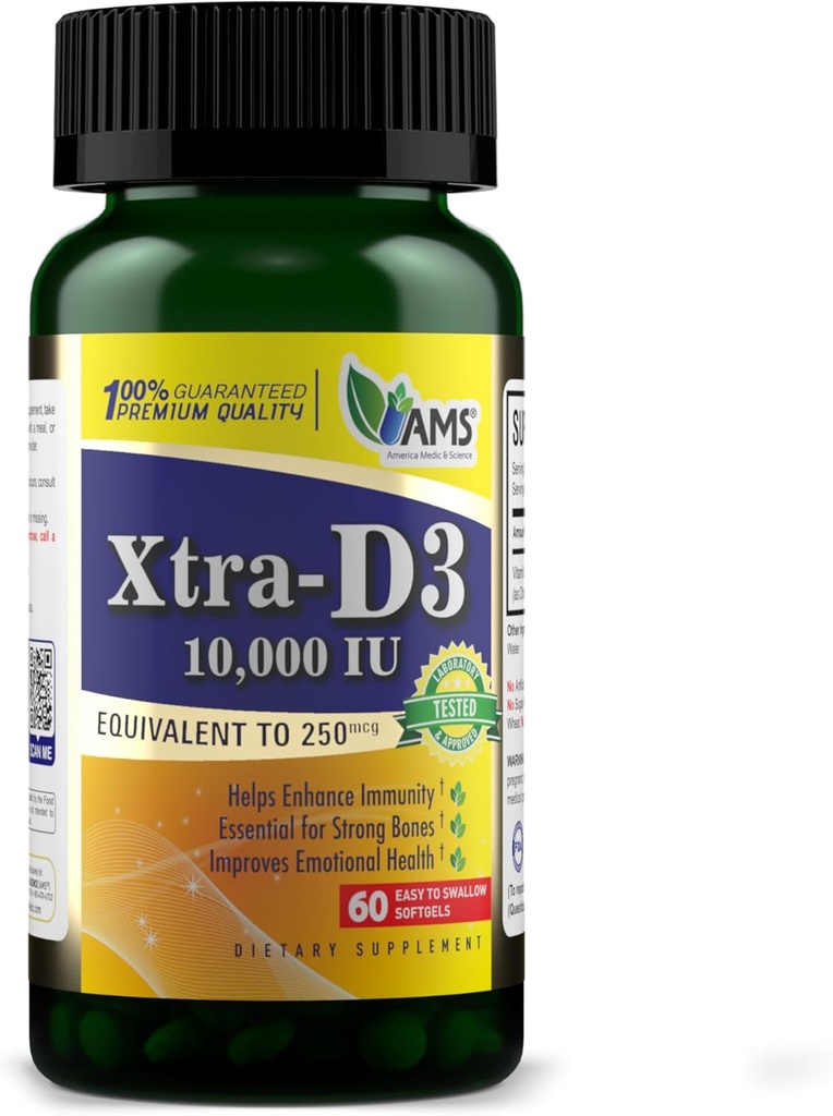 Medic & Science Xtra D3 Witamina D 10 000 IU (250 mcg) Suplement Cholekalcyferolu dla mężczyzn i kobiet (60 Easy to Swallow Softgels) Najlepsze dla kości, Heart Health, Wsparcie układu immunologicznego, Lung Function