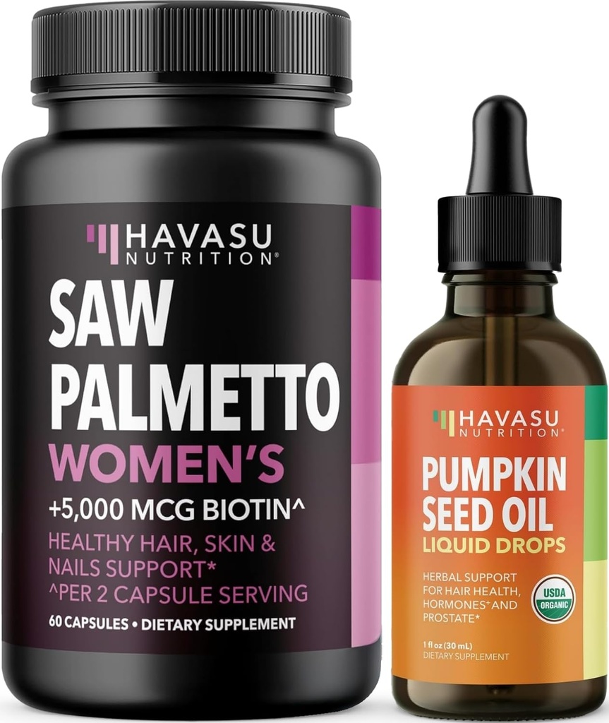 HAVASU NUTRITION USDA Organic Pumpkin Seed Oil Drops (60 Słupki) & Piła Palmetto dla kobiet Hair Complex (30 Słupki)