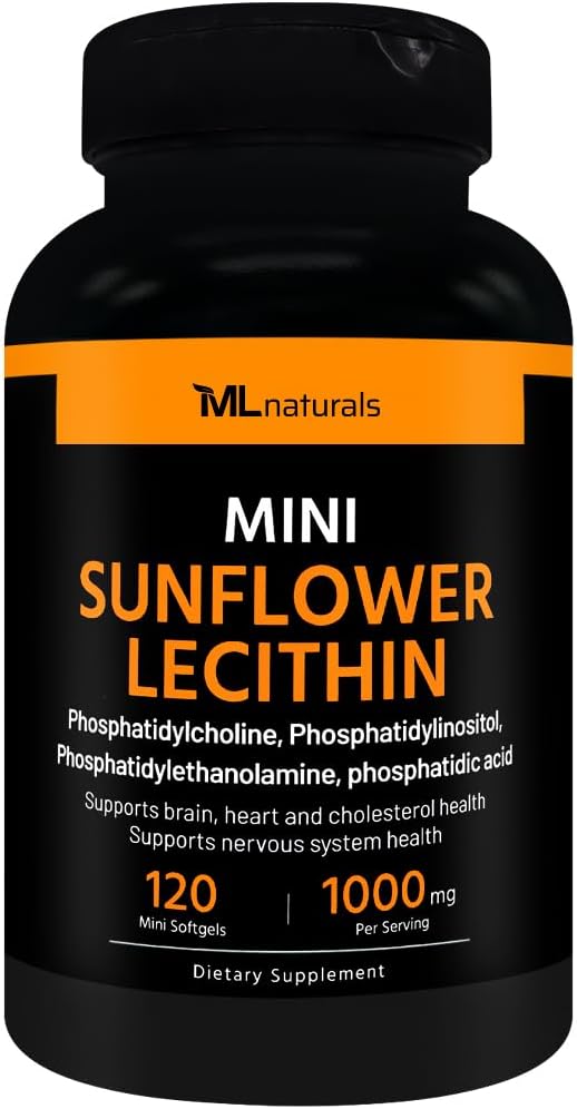 ML Naturals Mini Lecytyna słonecznikowa 1000 mg 120 Softgels, Easy to Swallow, Wsparcie zdrowia mózgu. Nie- GMO, NSF- Certified & cGMP- Compliant