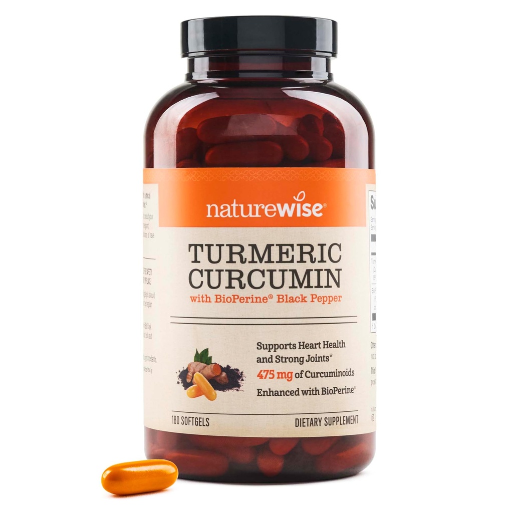 Kurkumina Turmerowa NatureWise 500 mg z Black Pepper Softgels - Dodatkowa siła, Zwiększona absorpcja - 95% Kurkuminoidy i BioPerine dla immunologicznego wsparcia - Bez glutenu, Non-GMO - 180 Hrabia [6- Miesiąc dostaw]
